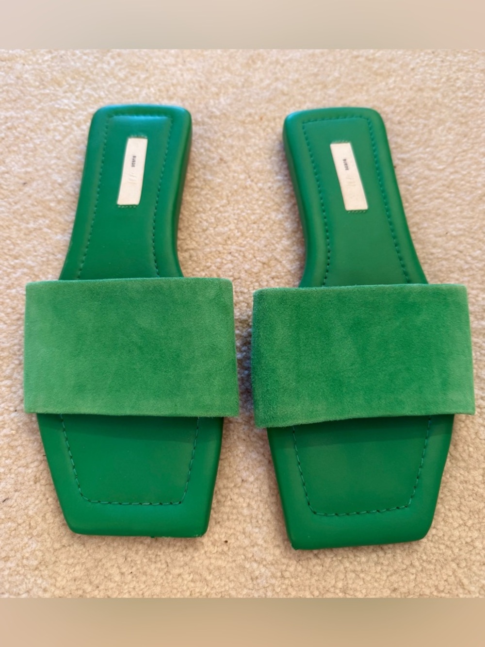 H&M Suede Leather Slide Sandals Green Square Toe Womens EU 38 US 7 Like NEW